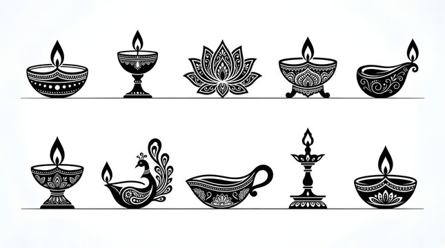 Set of traditional indian diya lamps and lotus flower icons, black and white vector illustration