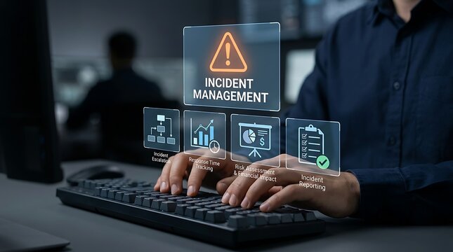 Professional IT specialist managing cyber security incident on digital interface keyboard