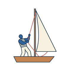 A Sailor Man Pulling Rigging on a Small Sailboat Illustration on White Background