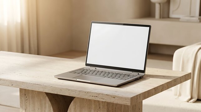 Light silver laptop with blank white screen on a textured light stone table in a warm, softly lit interior