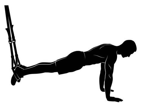 Suspension Training Plank Vector Illustration - Black Silhouette Man Doing TRX Core Workout & Push-Up Exercise