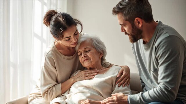 Elderly mother receiving emotional support and care from her adult children at home for family wellness blogs, hospice care websites, and social media awareness video