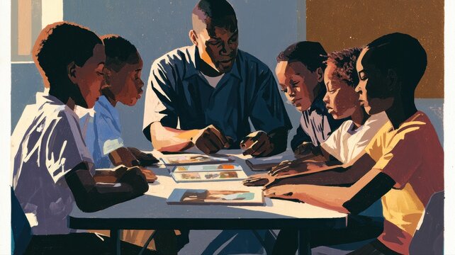 Black Church Sunday School Leader Teaching Diverse Children, Editorial Gouache Illustration