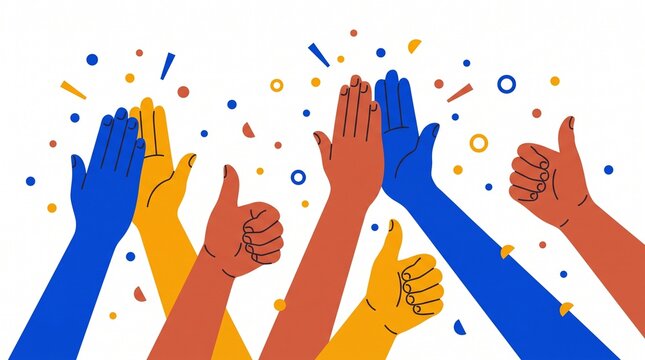 Colorful vector illustration of diverse hands giving high fives and thumbs up with confetti celebration isolated on white background