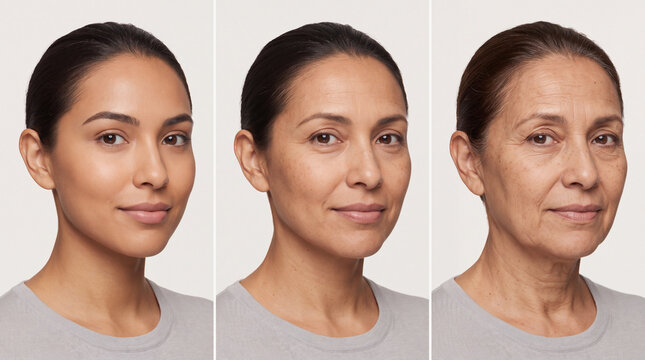 Woman showing skin aging stages across youth, maturity, and advanced age for skincare and anti-aging concepts