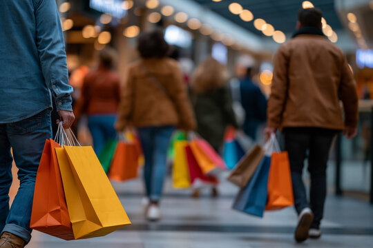 Shoppers walking through a contemporary mall during a major discount campaign, colorful shopping bags, vibrant consumer lifestyle concept, highlighting the exquisite textures and vivid environment