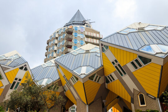 Yellow cube houses or Kubuswoningen in Dutch are a set of innovative houses designed by architect Piet Blom in Rotterdam, Netherlands