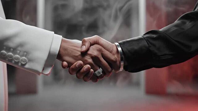 Close-up of two diverse people shaking hands, symbolizing agreement, partnership, and success, with a large diamond ring visible