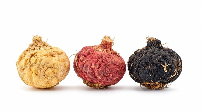 Yellow red and black maca roots isolated on white