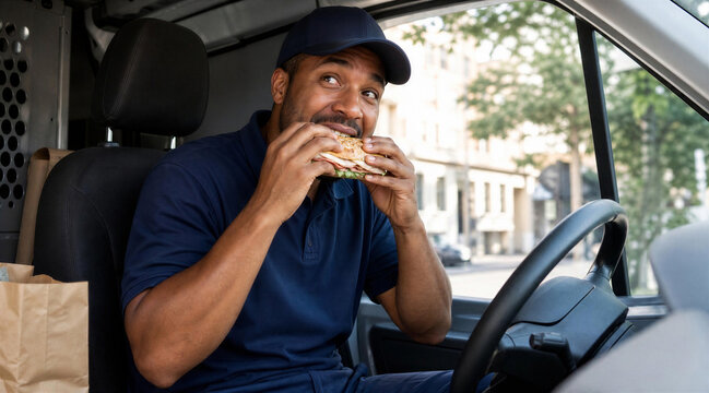 Delivery driver eating lunch inside a van during a work break