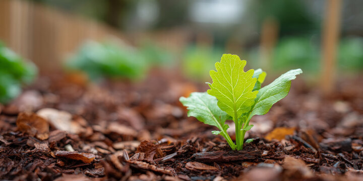 Young green seedling growing in mulch