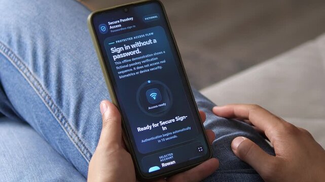 User views a passwordless sign-in screen on a smartphone, highlighting passkey authentication, mobile cybersecurity and the shift toward safer digital identity access.