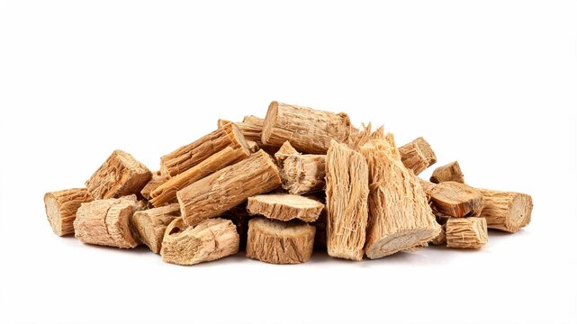 Chopped dried Marshmallow root pieces isolated on white