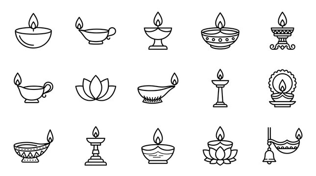 Set of 15 linear icons of traditional indian oil lamps and decorative elements for diwali festival