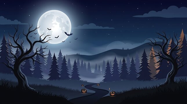 Pixel art halloween forest landscape with full moon at night