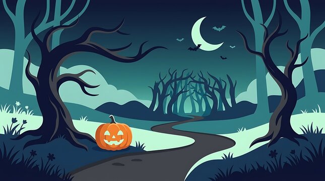 Spooky halloween pumpkin in a dark forest at night