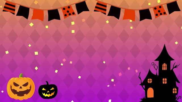 Halloween animation with copy space background.halloween pumpkin and haunted house.Loop video.  ハロウィン　CG 動画  カボチャ　ジャックオーランタン　城　フレーム　ガーランド　ポップ　おしゃれ　シンプル　タイトル