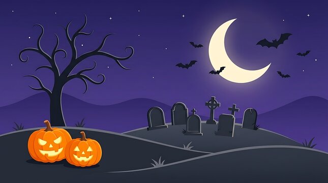 Scary halloween pumpkins in a graveyard under moonlight