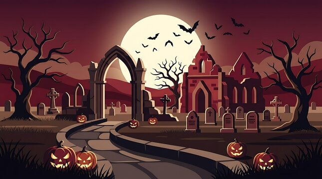 Spooky halloween graveyard scene with pumpkins and moon
