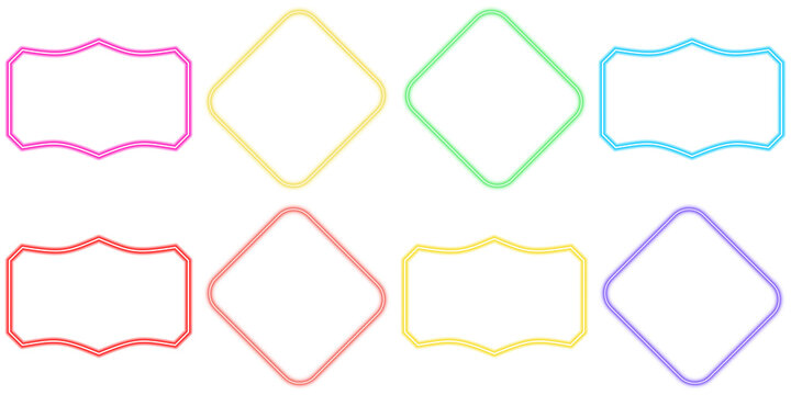 Collection of vibrant neon glowing frames in various shapes, offering a retro futuristic aesthetic on a transparent.