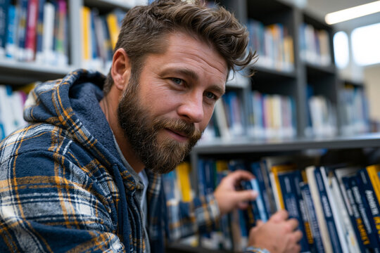 Adult reader selecting a book from a large bookshelf in a contemporary library, bright natural lighting, minimalist composition, premium advertising quality, highlighting the exquisite textures and