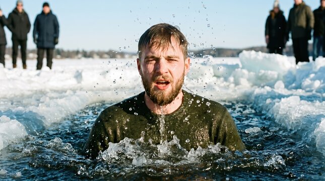 Man plunging into ice hole during Epiphany winter bathing. Orthodox Christian ritual of ice swimming in frozen lake
