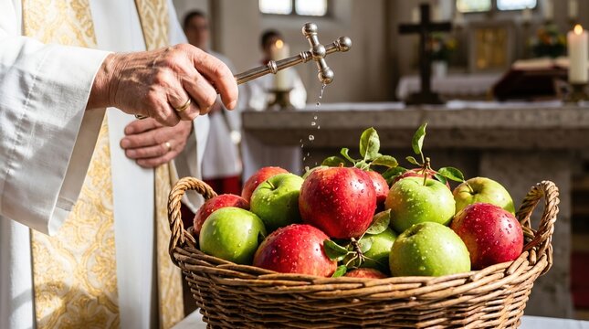 Priest blessing fresh apples with holy water in a church. Close up of hand holding cross sprinkler over basket of fruit. Religious harvest tradition