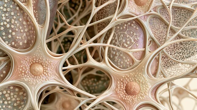 Pulmonary Fibrosis Awareness Month:illustration depicting fibroblast cells depositing collagen fibers in lung tissue,magnified cellular diagram style, intricate biological detail with organic textures