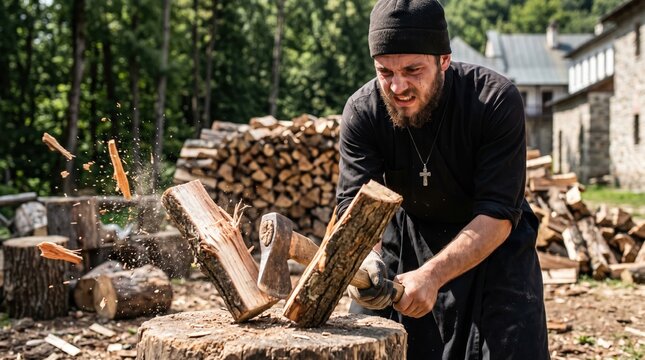 Orthodox monk chopping firewood with axe at monastery. Manual labor and daily life of clergyman. Young bearded man splitting logs outdoors