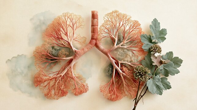 Pulmonary Fibrosis Awareness Month:  illustration of lung tissue cross-section rendered in botanical herbarium illustration style, delicate organic branching bronchiole structures