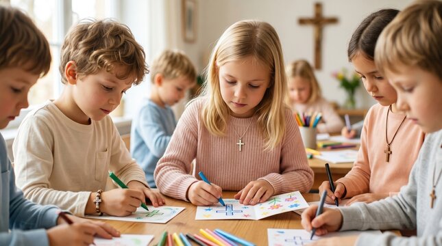 Children drawing cards in Sunday school class. Group of kids with cross necklaces doing church crafts. Christian education and youth ministry concept
