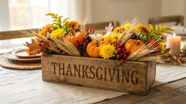 Thanksgiving harvest wooden crate filled with fresh autumn vegetables and flowers for holiday centerpiece