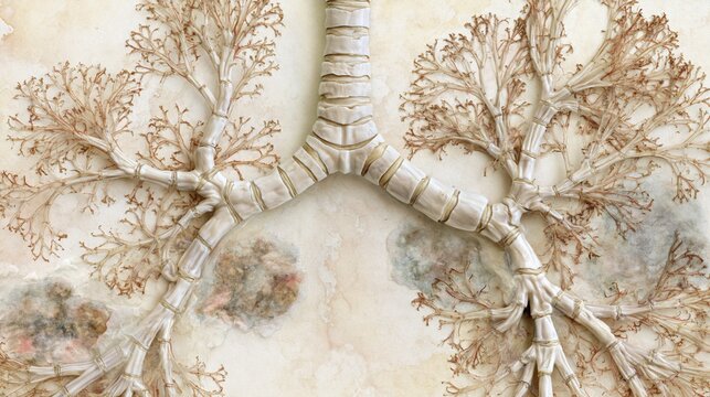 Pulmonary Fibrosis Awareness Month:  illustration of lung tissue cross-section rendered in botanical herbarium illustration style, delicate organic branching bronchiole structures