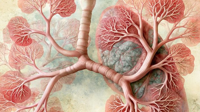 Pulmonary Fibrosis Awareness Month: illustration of lung tissue cross-section rendered in botanical herbarium illustration style, delicate organic branching bronchiole structures