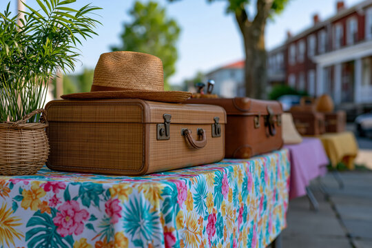 Spectacular and vivid representation of Juneteenth themed yard sale with colorful tablecloths, vintage suitcases and classic home decor displayed outdoors, authentic neighborhood environment, clean
