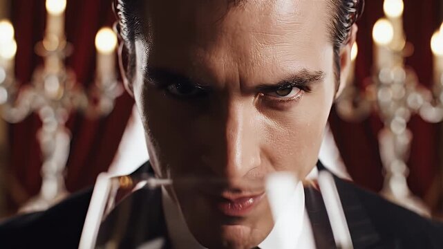 Close-up portrait of a sophisticated man in a tuxedo with a candlestick in the background, conveying luxury and elegance
