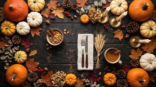 Autumn harvest ingredients arranged on rustic wooden table with pumpkins and spices
