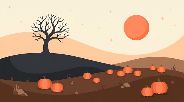 Halloween pumpkin patch with a dead tree at night