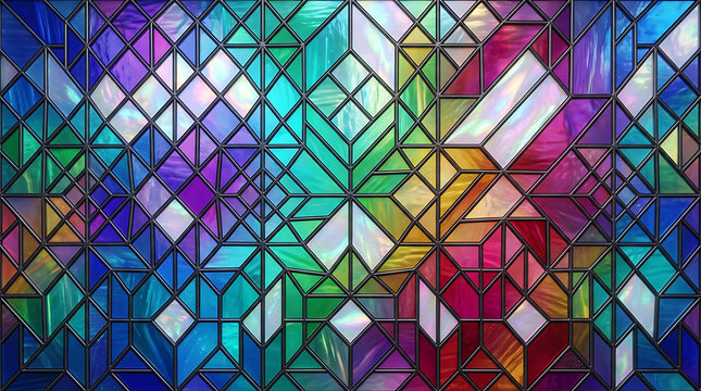 Colorful geometric stained glass art design with vibrant diamond shapes transparent background