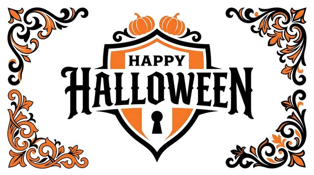 Happy Halloween Shield Badge Typography with Ornamental Filigree Border