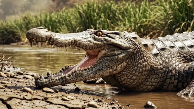 Close-up profile of a large, scaly crocodile lurking in shallow brown water at the edge of a reedy riverbank.