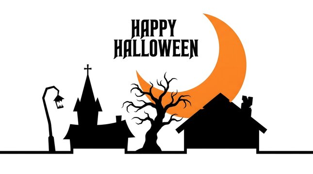 Happy Halloween Typography with Spooky Village Silhouette and Full Moon