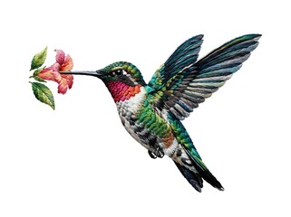 Fototapeta premium Hummingbird with iridescent plumage feeding from pink flower