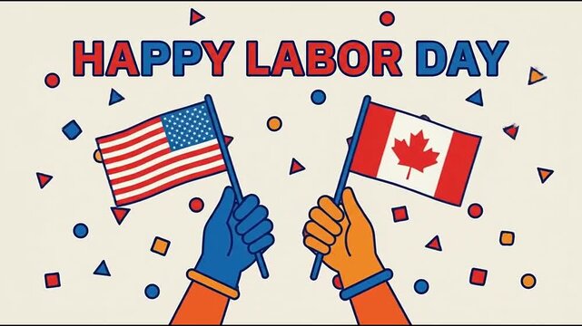 Two hands holding national flags celebrating labor day with festive confetti