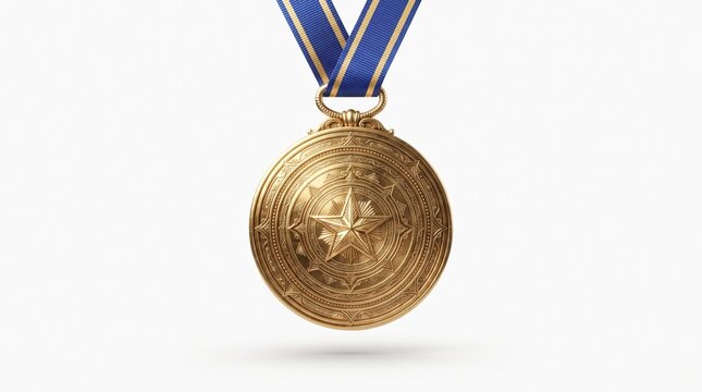 Detailed Bronze Medal with Ornate Star Design and Blue Ribbon Award for Achievement