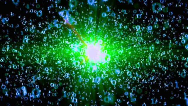 Abstract binary code stream with glowing green data particles, digital matrix background, cyber security and network technology visualization