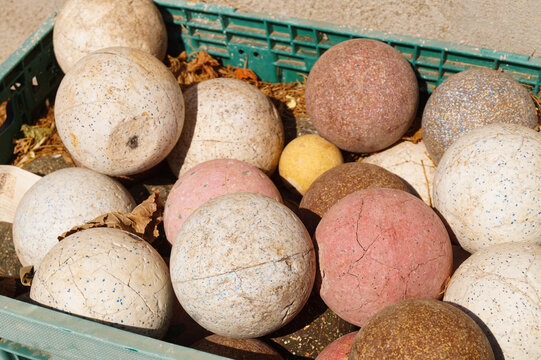 Colorful stone bocce balls, Pallino, Jack target ball
