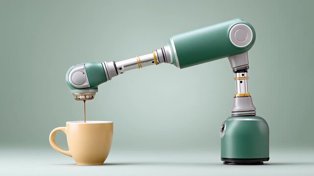 Robotic arm serving coffee in a modern kitchen setup