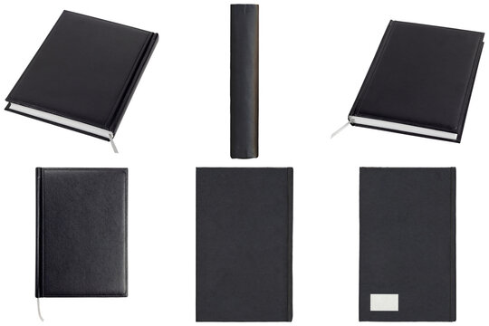 Collection of black leather notebooks and planners from different angles, isolated on transparent background