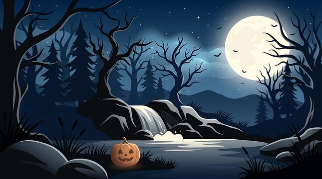 Jack o lantern pumpkin in a spooky forest at night